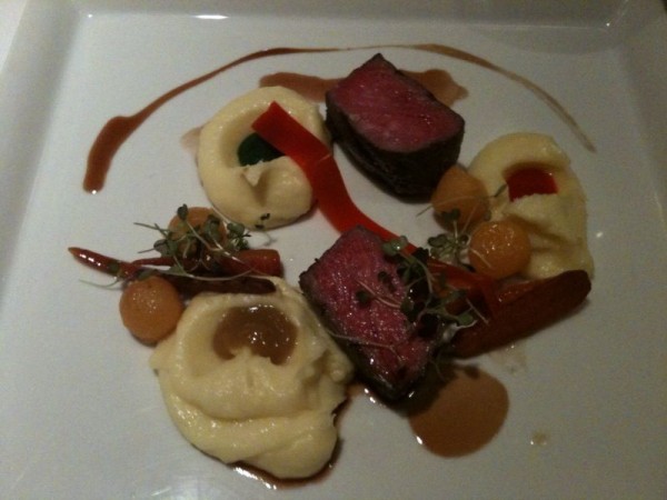 molly's main course: Pineland Farms beef strip loin with Yukon gold potatoes, roasted red pepper, chive and red onion, Tokyo turnips